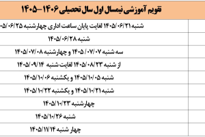 تقویم آموزشی نیمسال اول سال تحصیلی 1406-1405